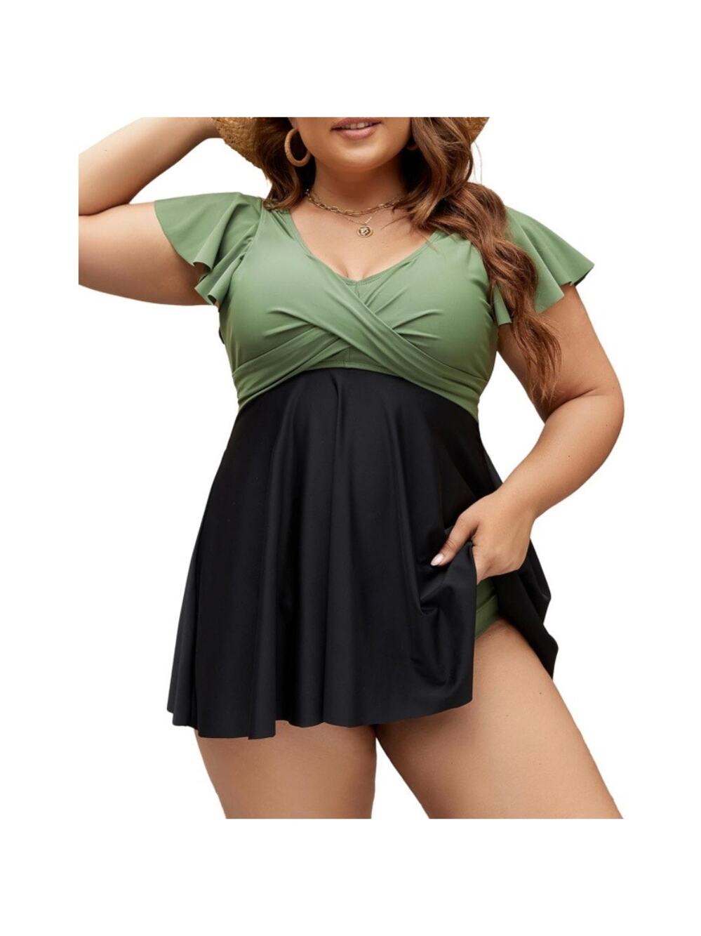 Women’s Plus Size Green Black Tankini Swim Dress Tummy Control 2 Piece Swimwear